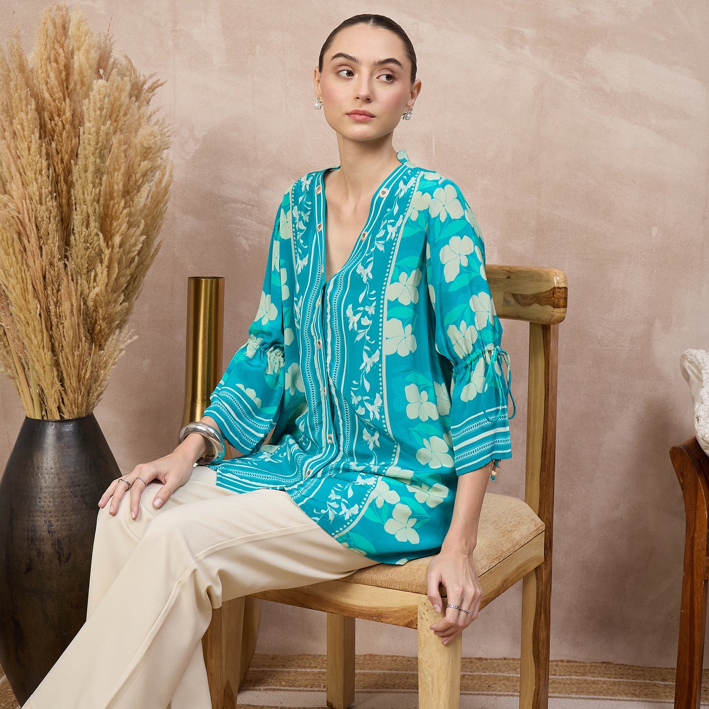 Sky Blue Floral Print Top for Women – Viscose Crepe – Close Up | First Resort by Ramola Bachchan