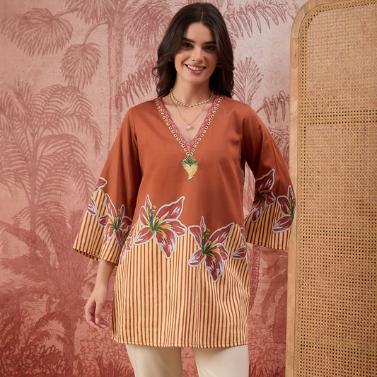 Brown Striped Floral Embellished Top