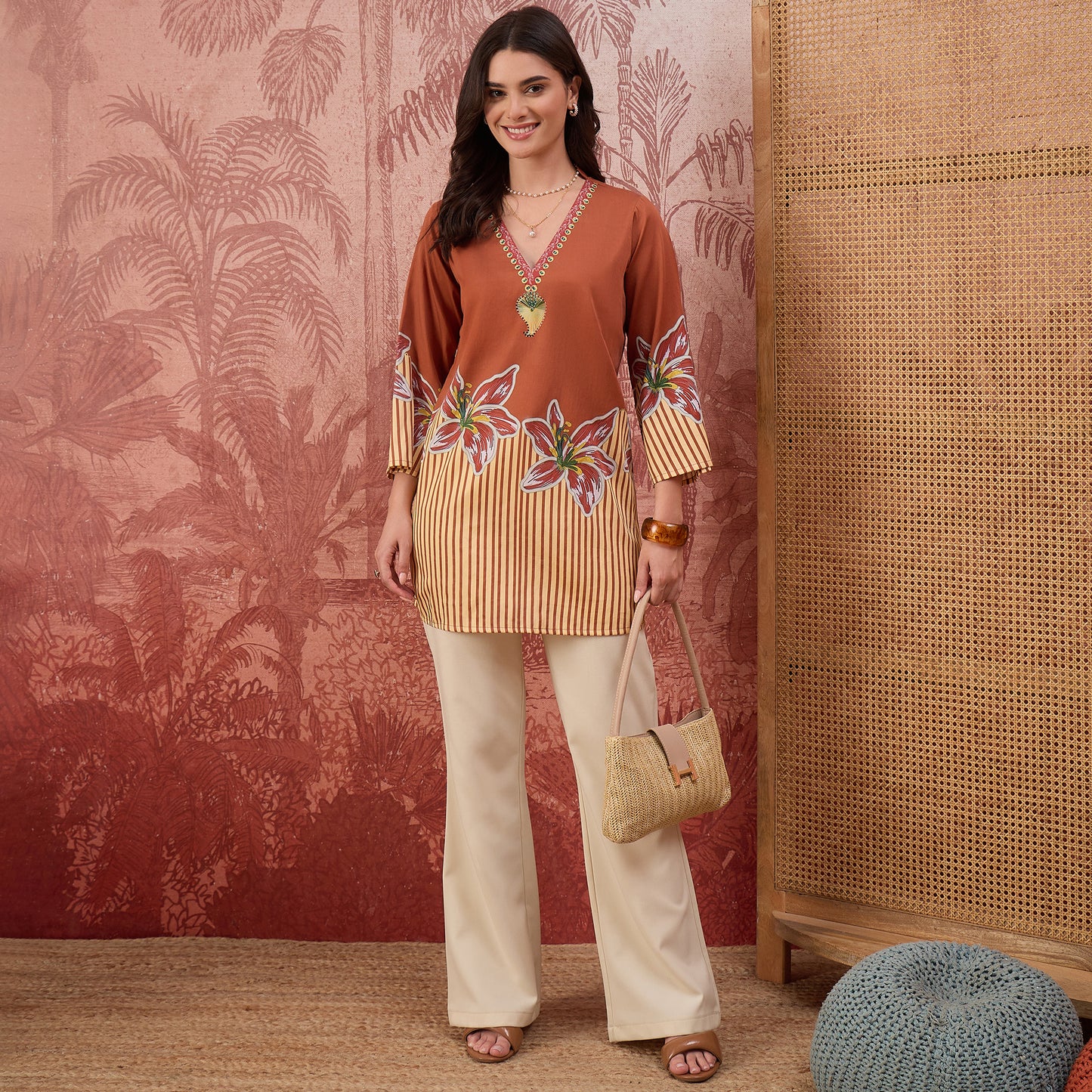 Brown Striped Floral Embellished Top