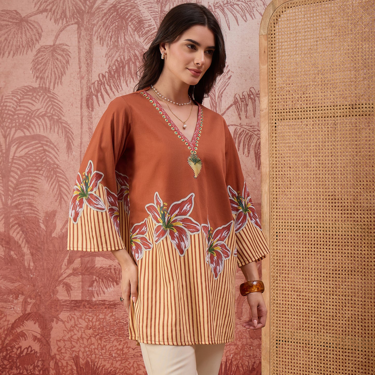 Brown Striped Floral Embellished Top