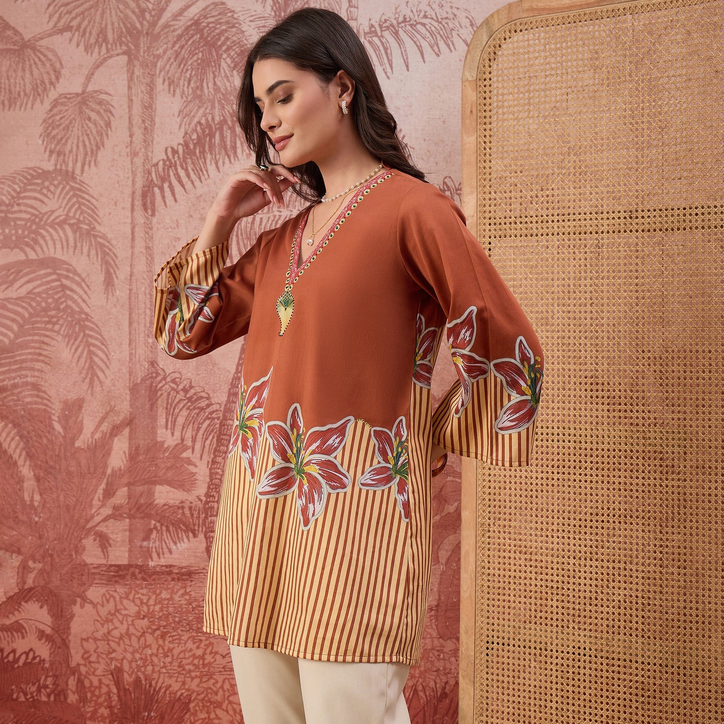 Brown Striped Floral Embellished Top