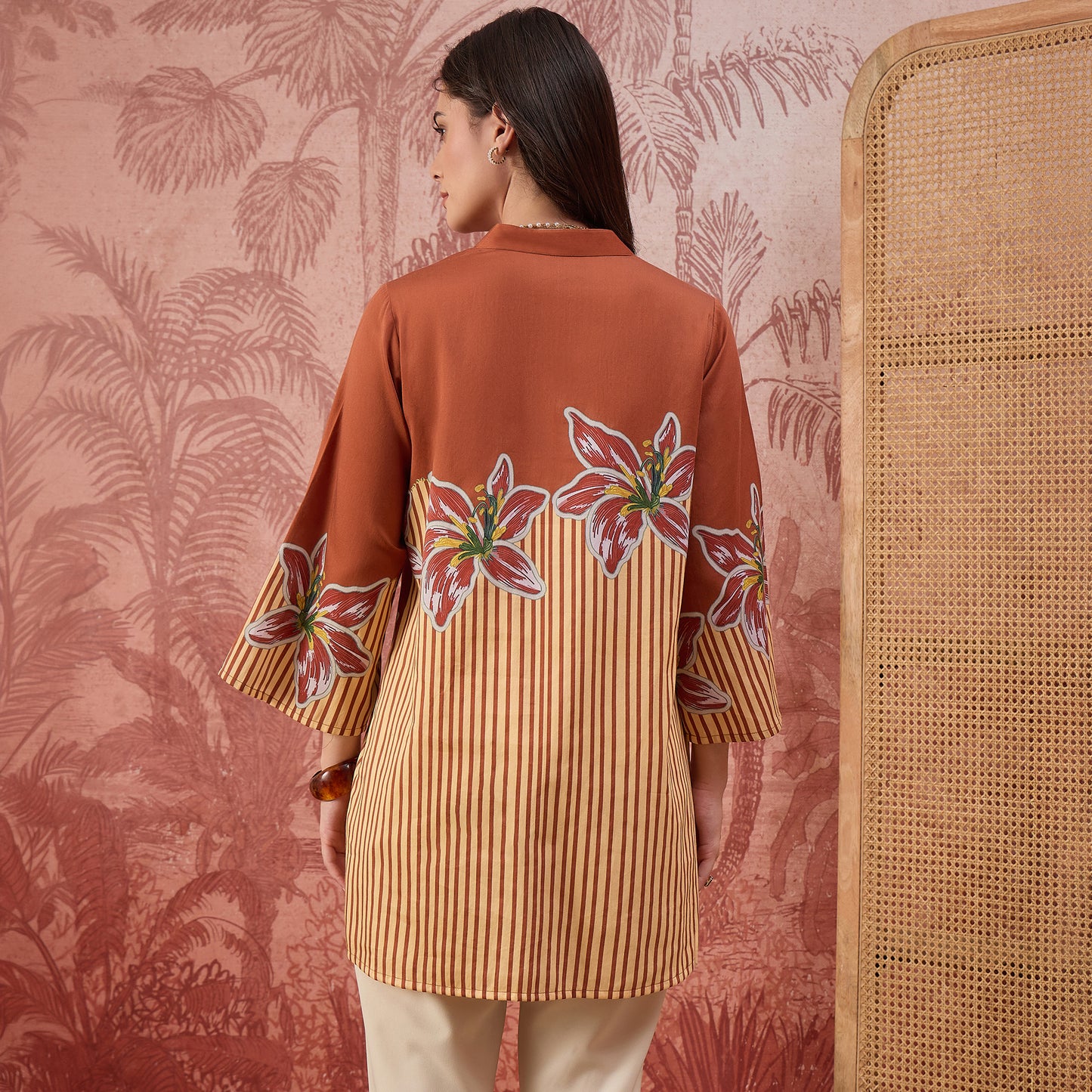 Brown Striped Floral Embellished Top