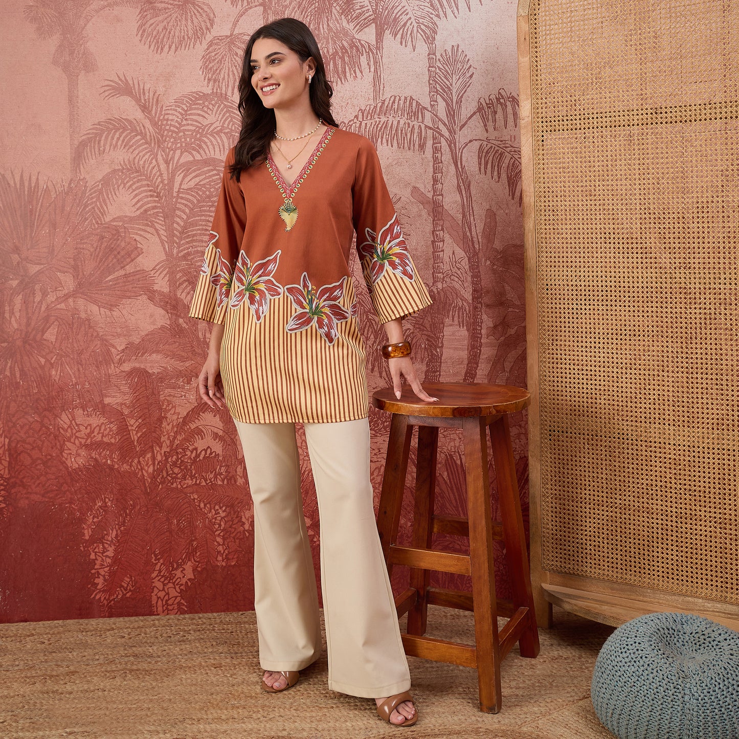Brown Striped Floral Embellished Top