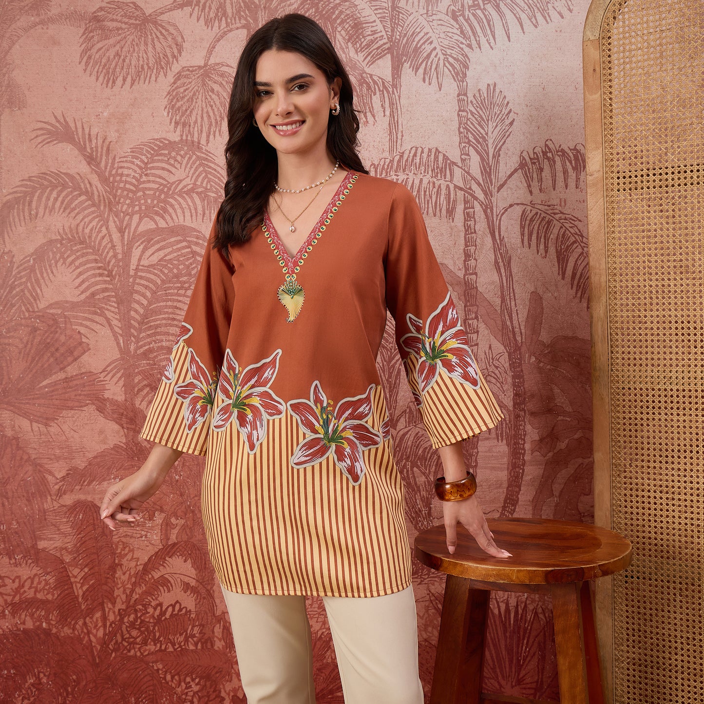 Brown Striped Floral Embellished Top