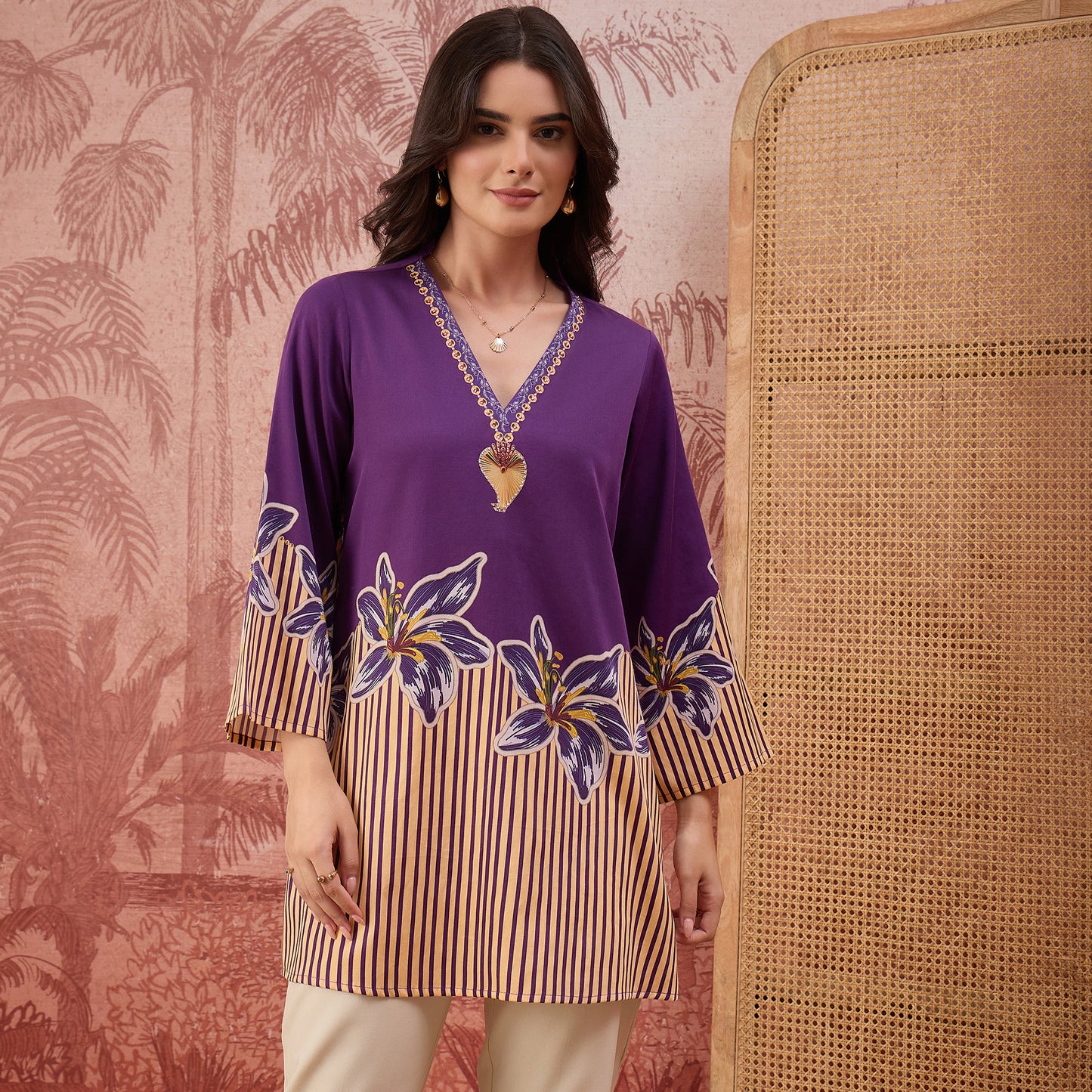Purple Striped Floral Embellished Top