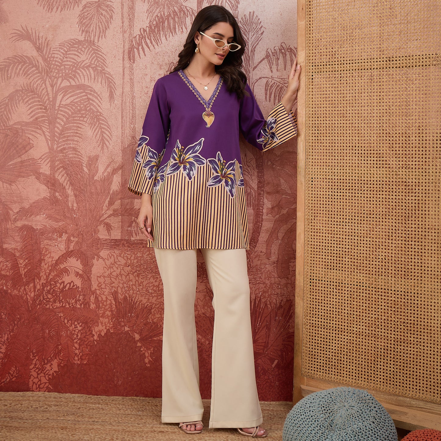 Purple Striped Floral Embellished Top
