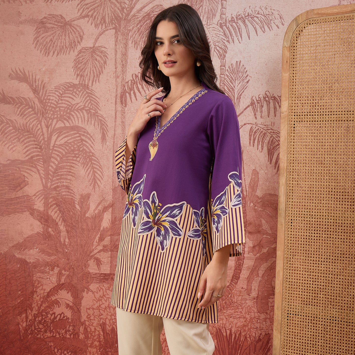 Purple Striped Floral Embellished Top