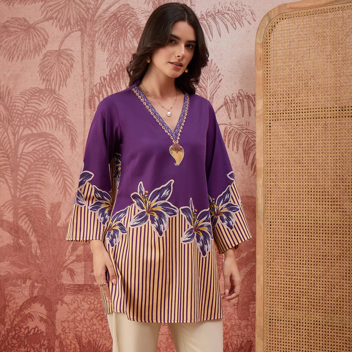 Purple Striped Floral Embellished Top