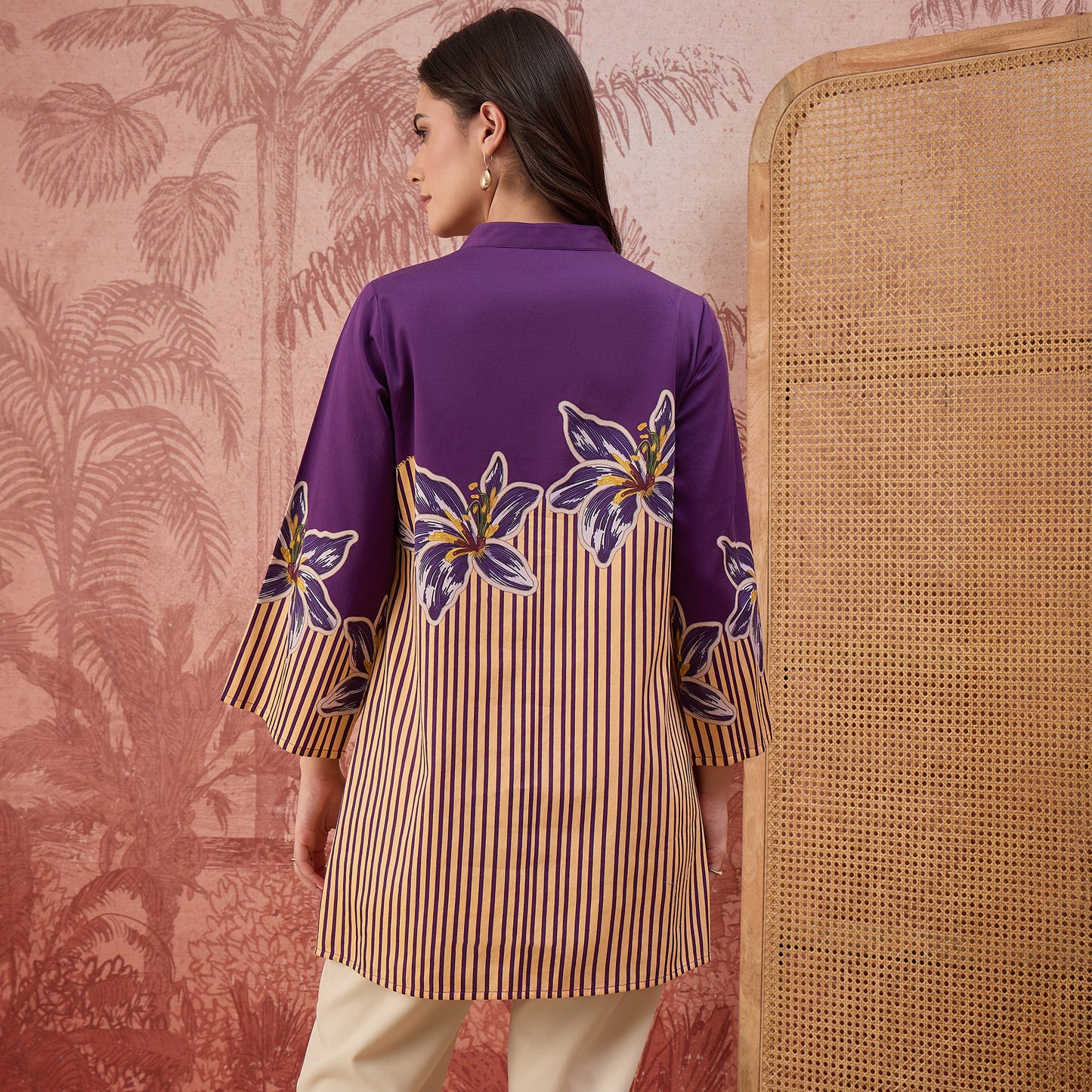 Purple Striped Floral Embellished Top