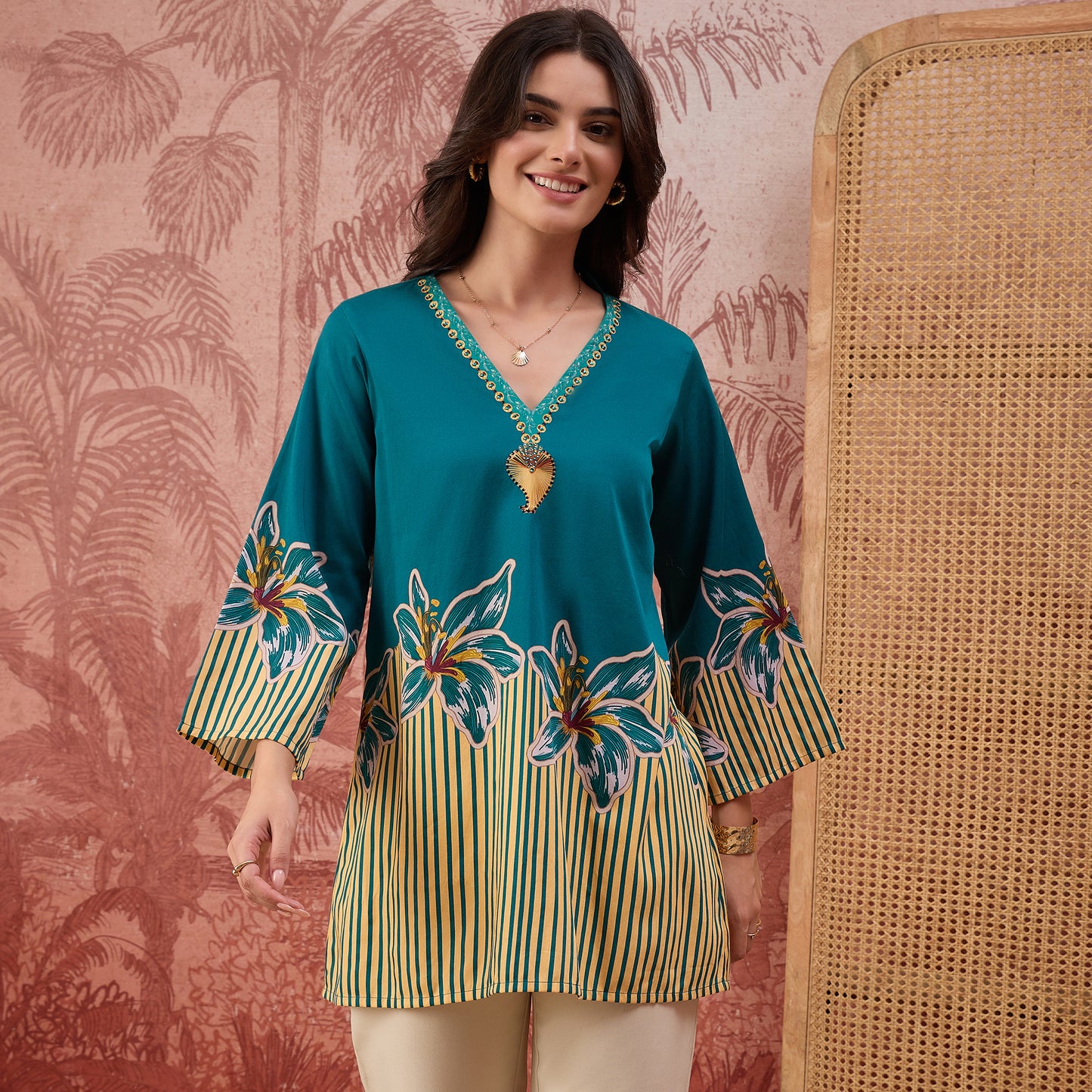 Teal Striped Floral Embellished Top
