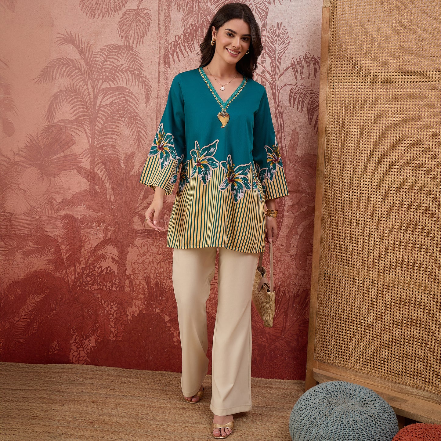 Teal Striped Floral Embellished Top