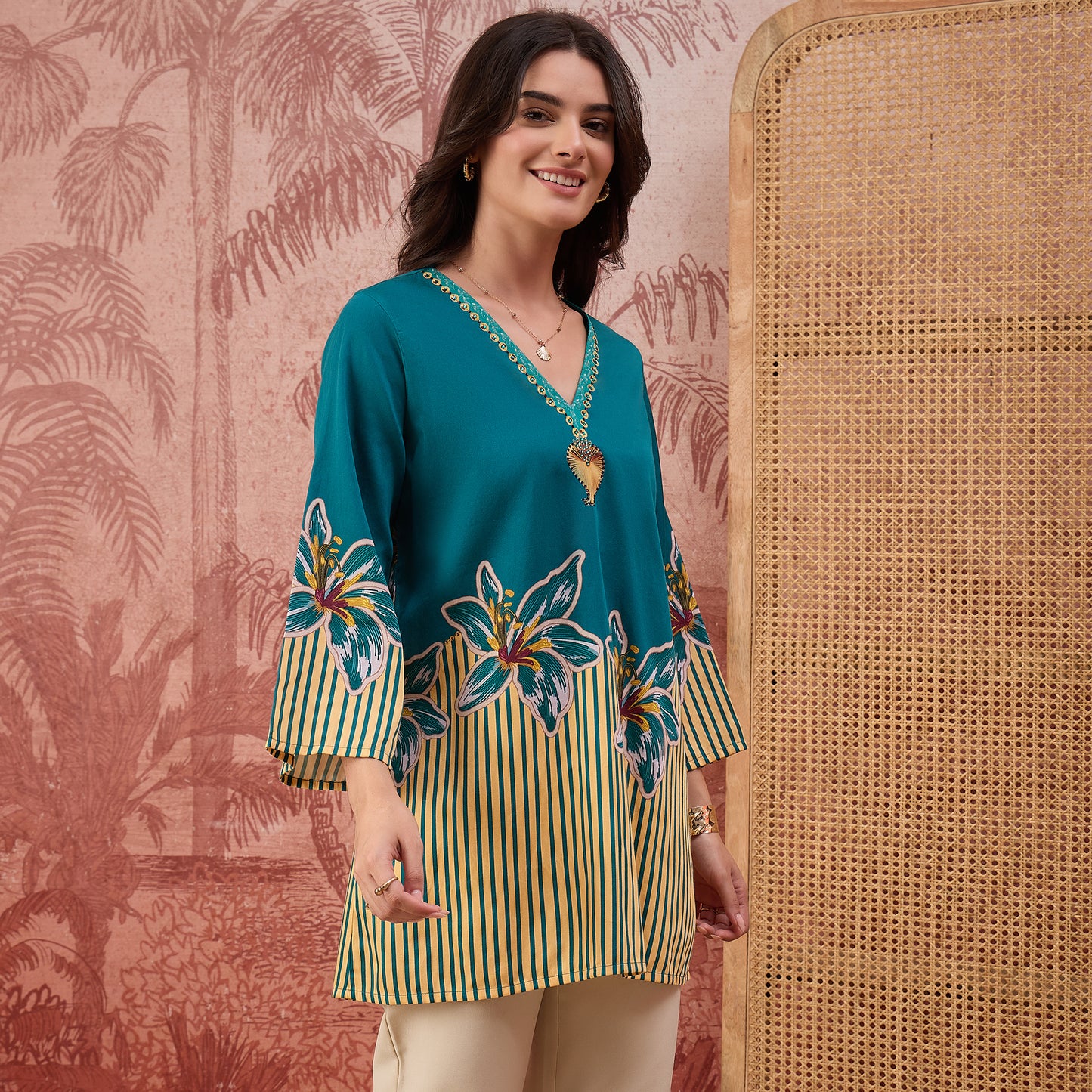 Teal Striped Floral Embellished Top