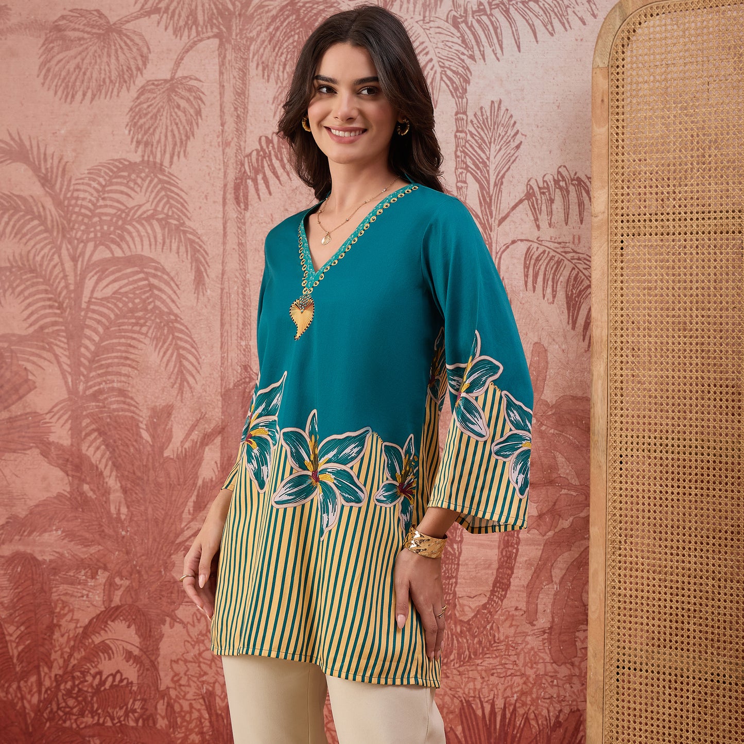 Teal Striped Floral Embellished Top