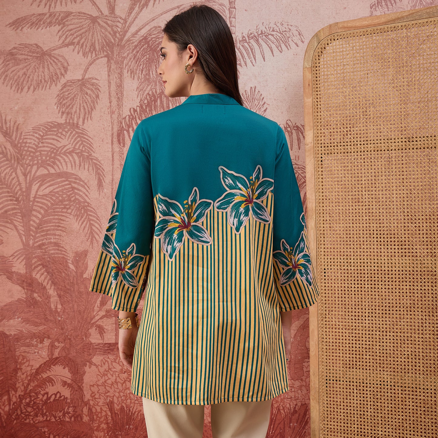 Teal Striped Floral Embellished Top