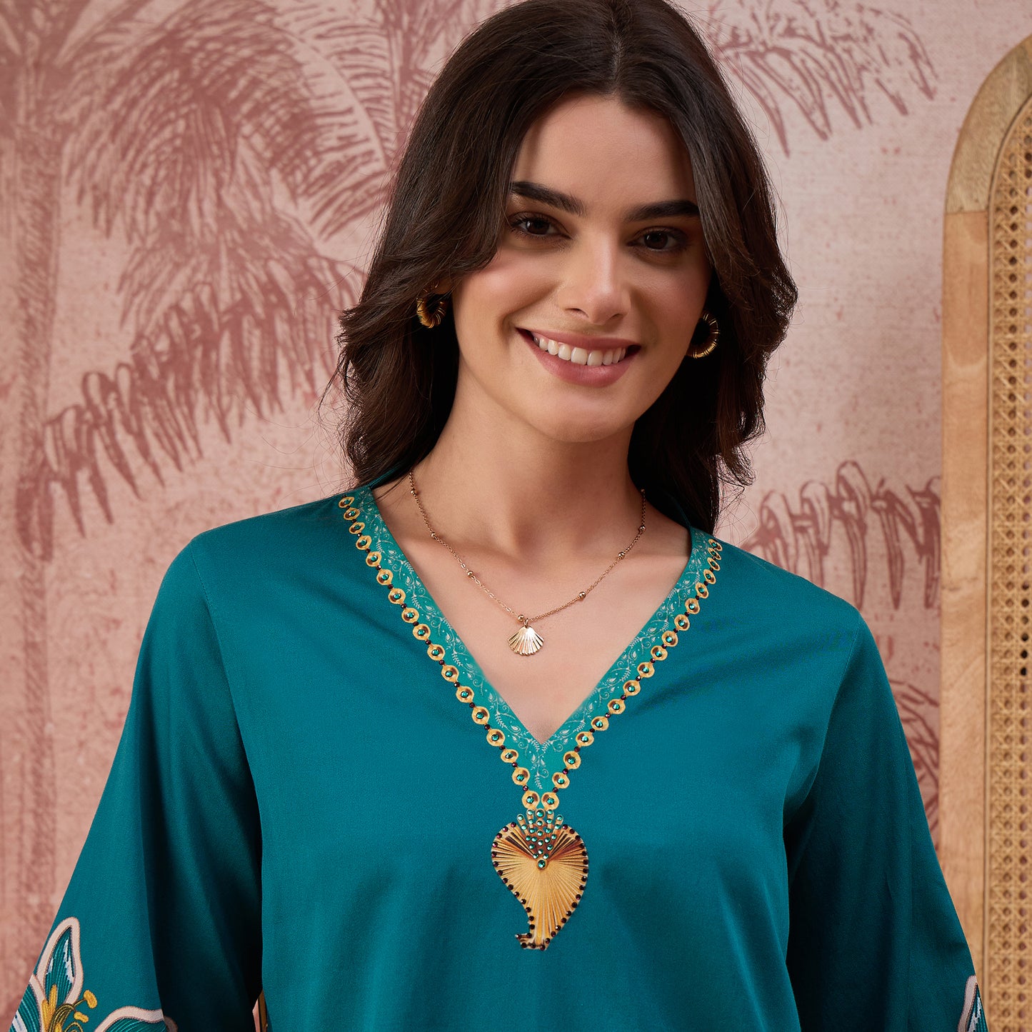 Teal Striped Floral Embellished Top