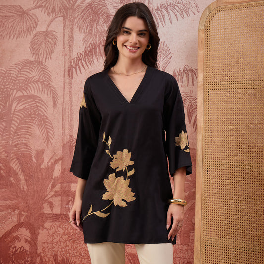 Black and Beige Rose Pleated Neck Top