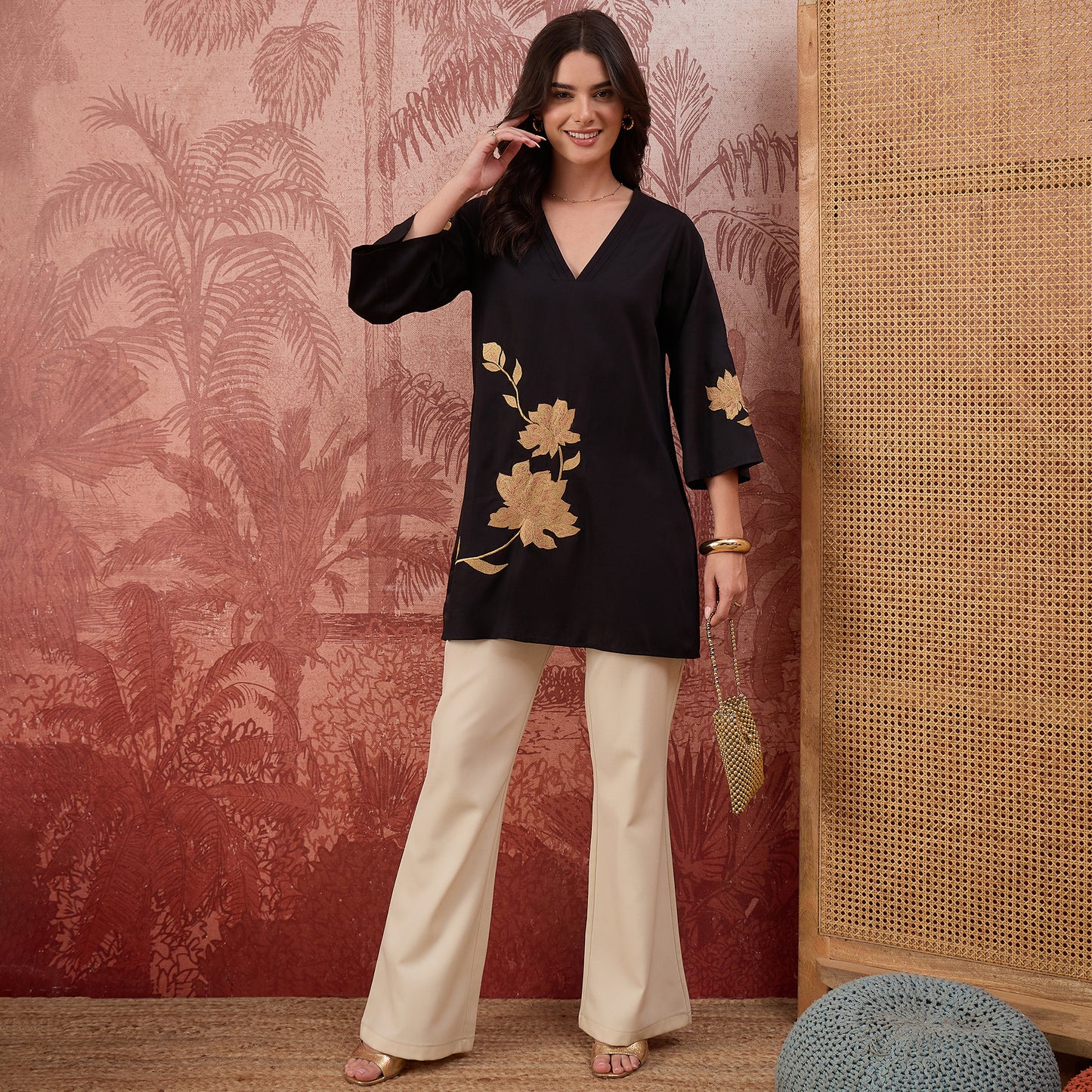 Black and Beige Rose Pleated Neck Top