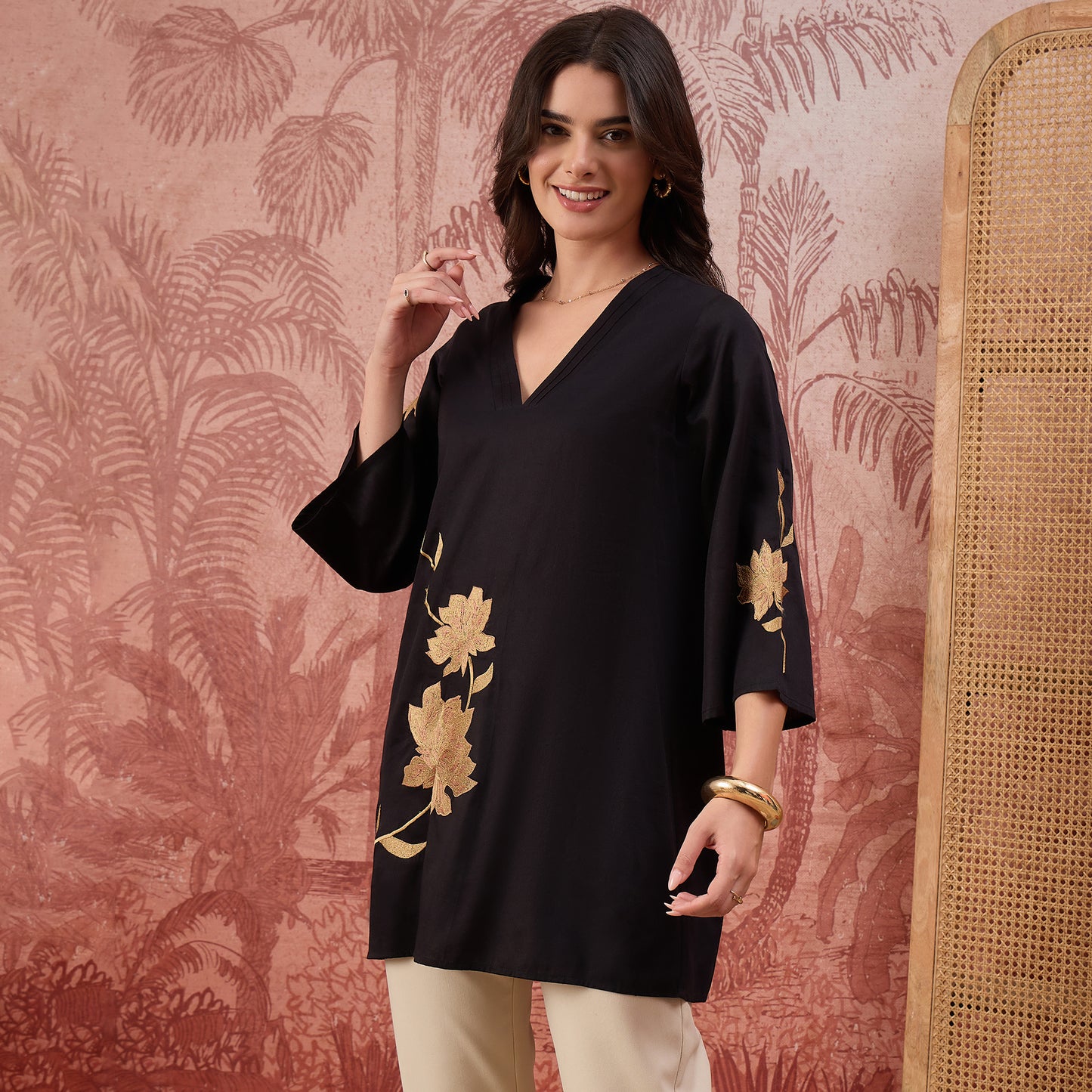 Black and Beige Rose Pleated Neck Top