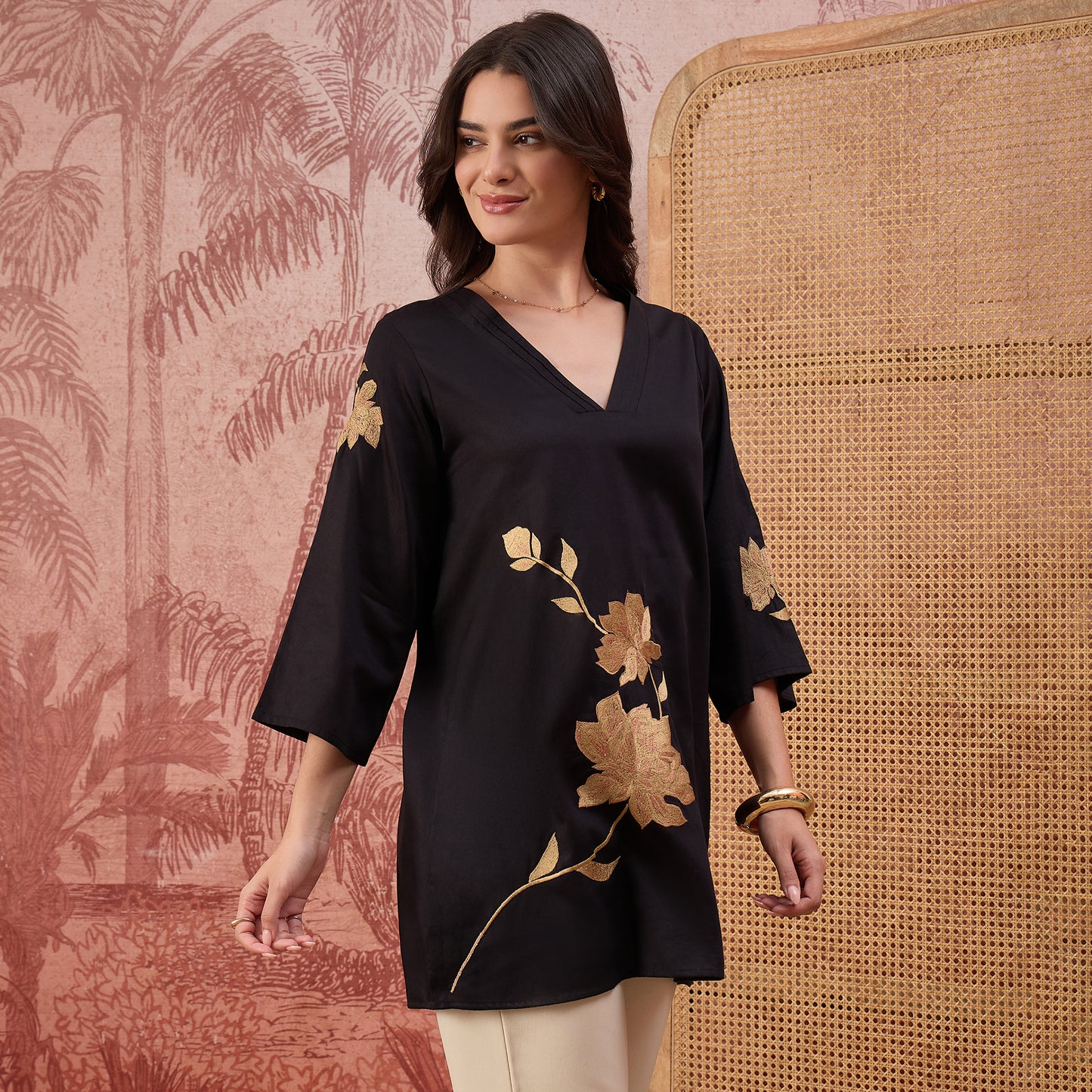 Black and Beige Rose Pleated Neck Top