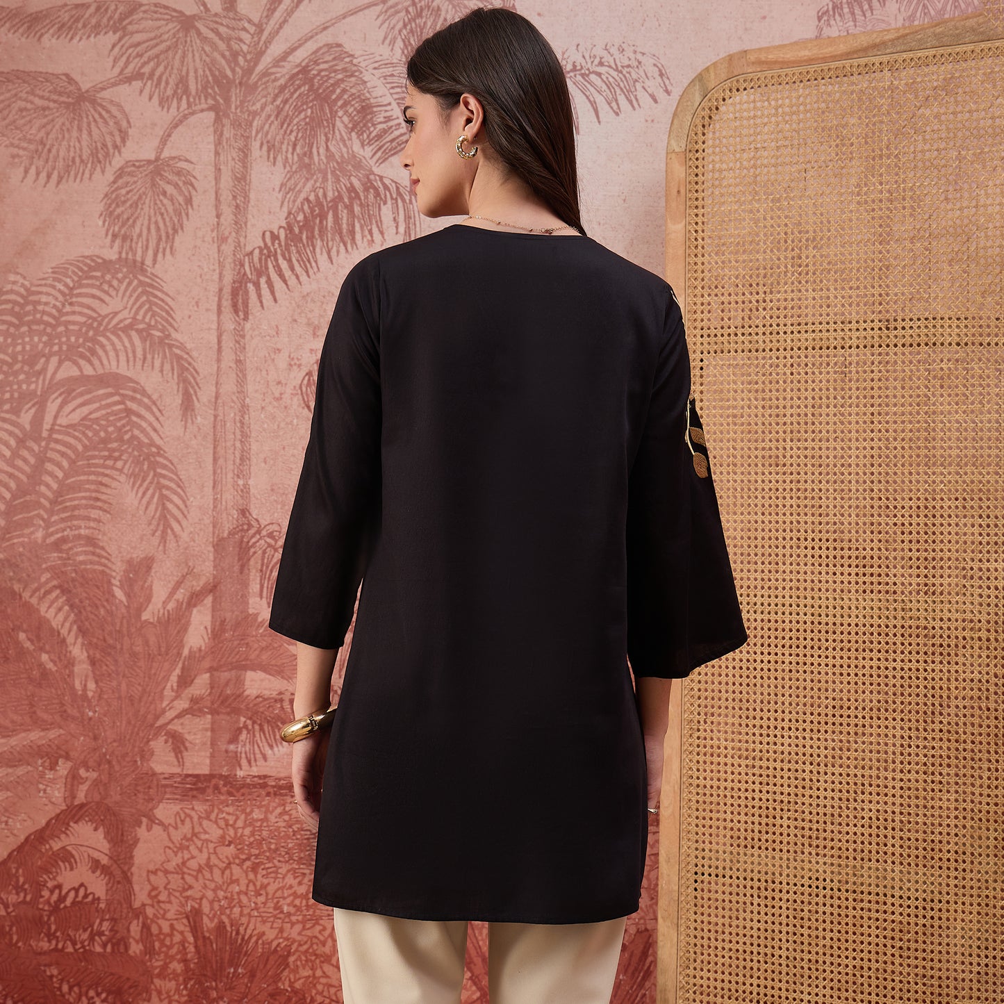 Black and Beige Rose Pleated Neck Top