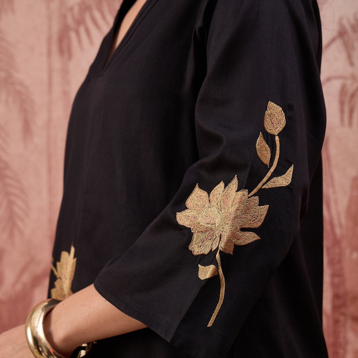 Black and Beige Rose Pleated Neck Top