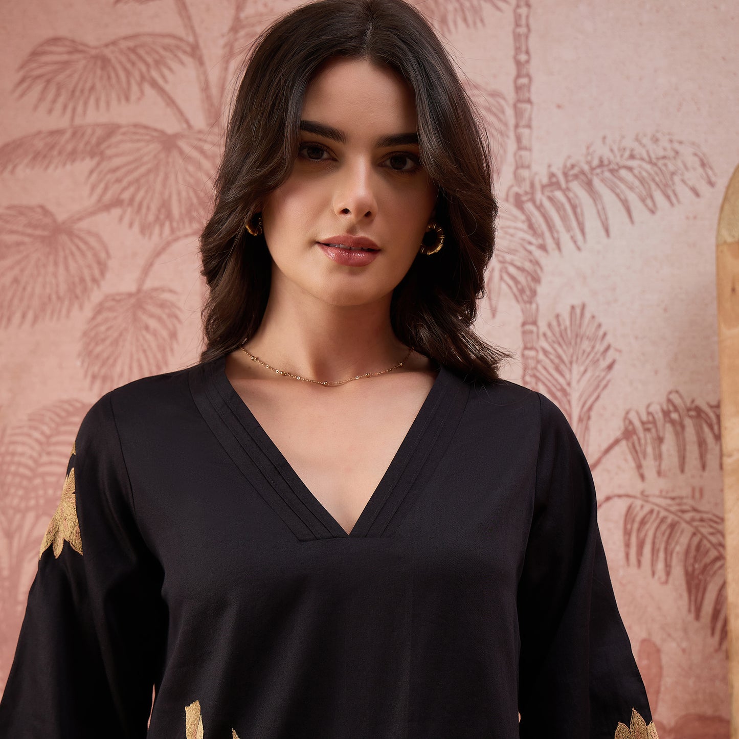 Black and Beige Rose Pleated Neck Top