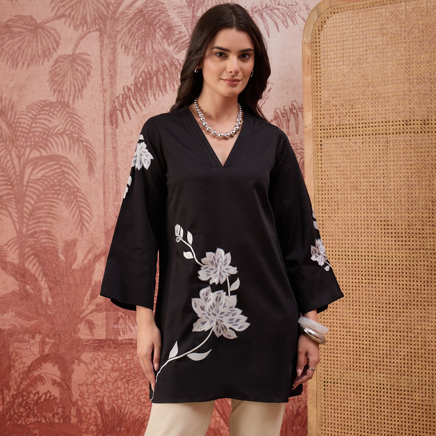 Black and Grey Rose Pleated Neck Top