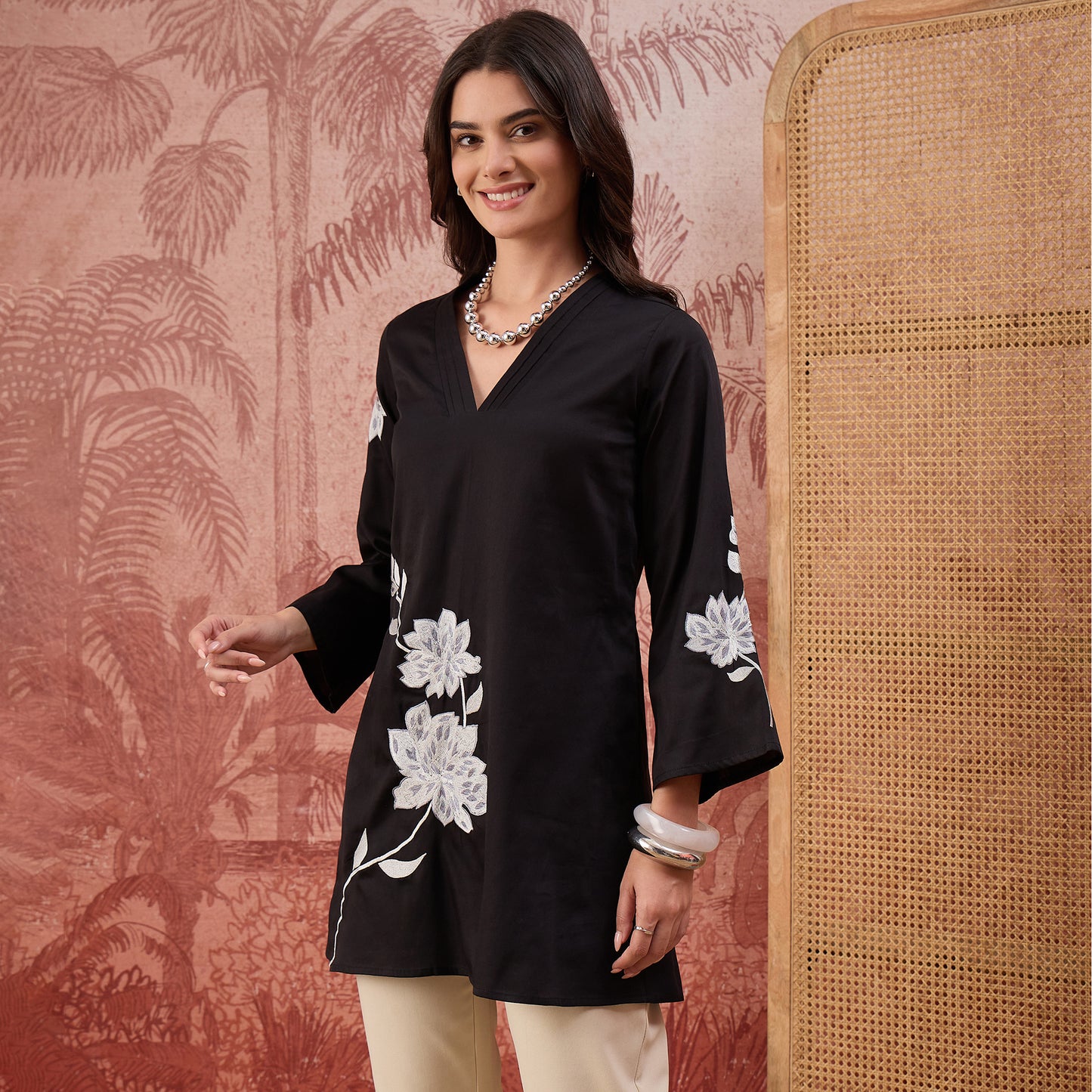 Black and Grey Rose Pleated Neck Top