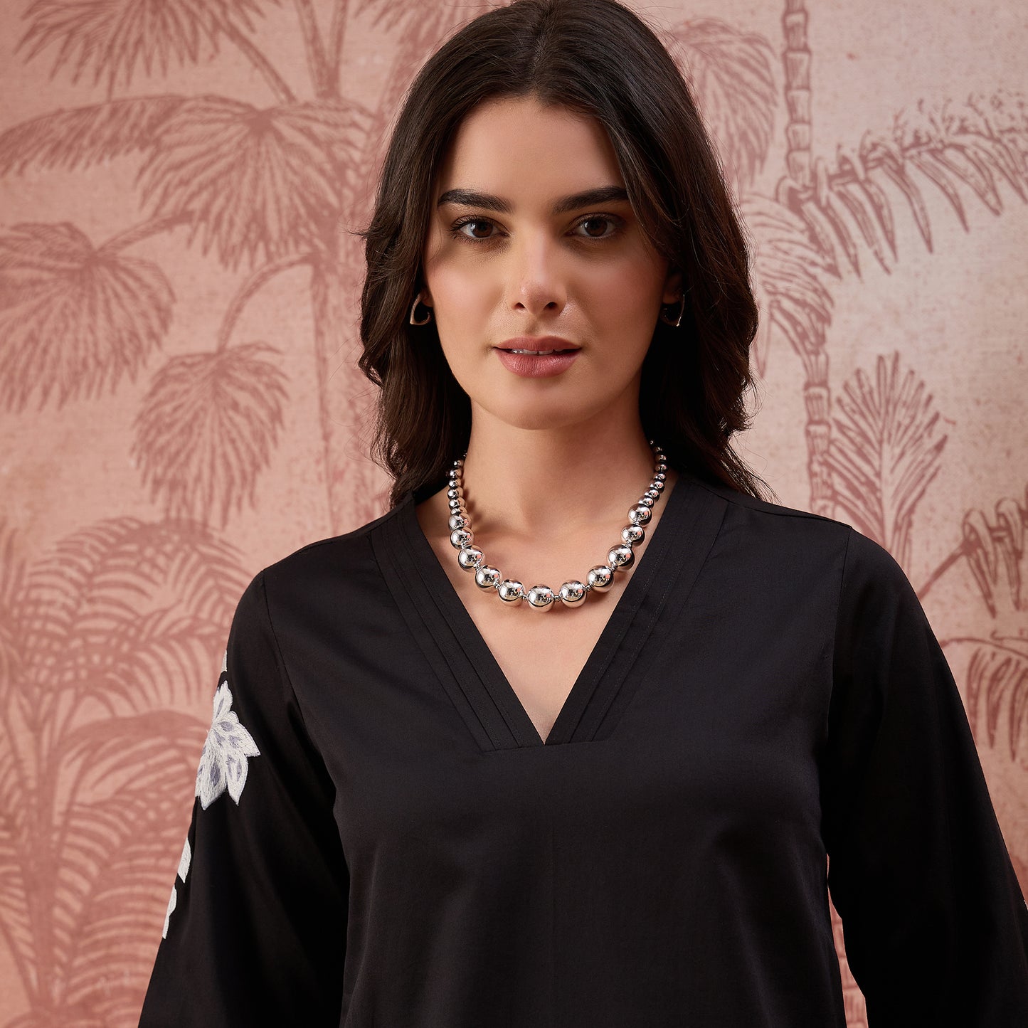 Black and Grey Rose Pleated Neck Top