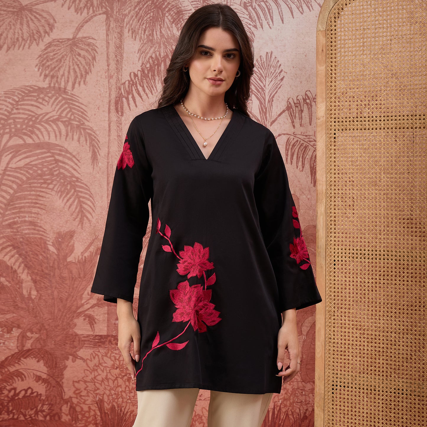 Black and Red Rose Pleated Neck Top