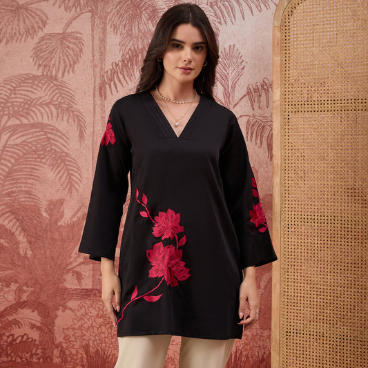 Black and Red Rose Pleated Neck Top