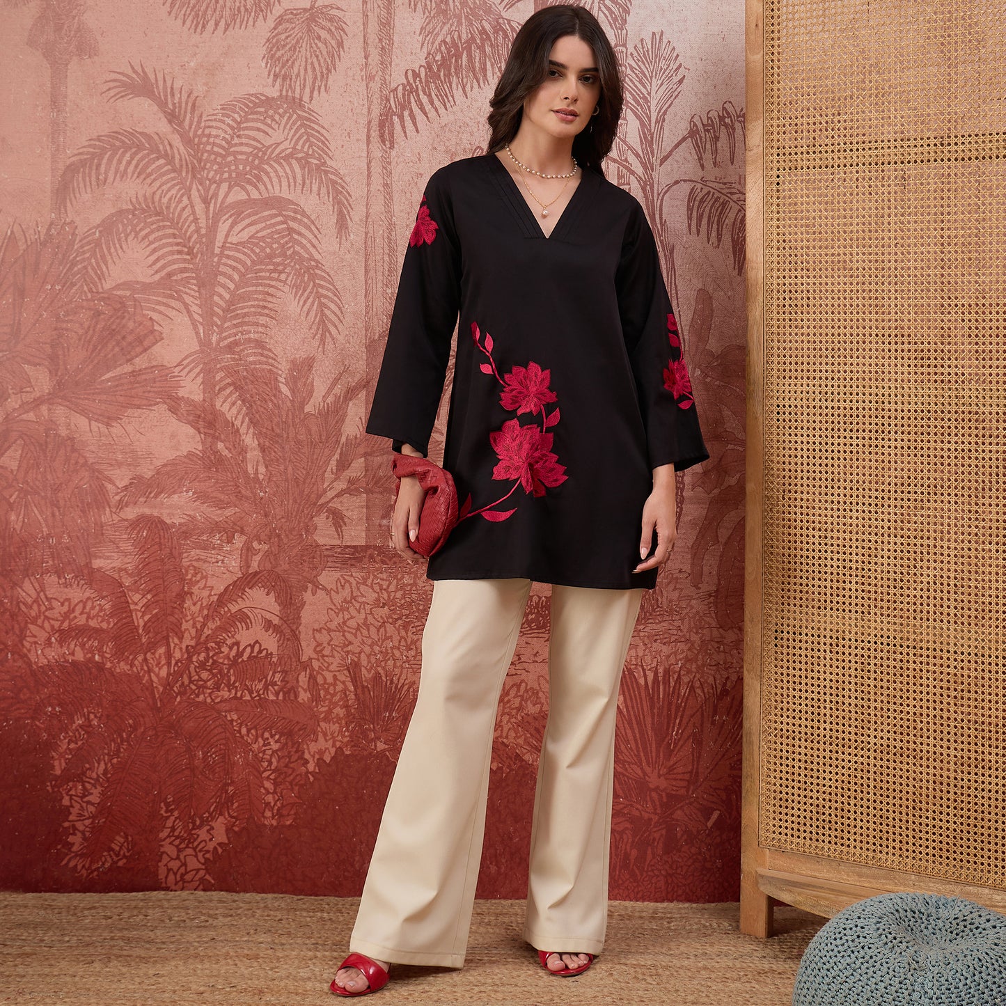 Black and Red Rose Pleated Neck Top