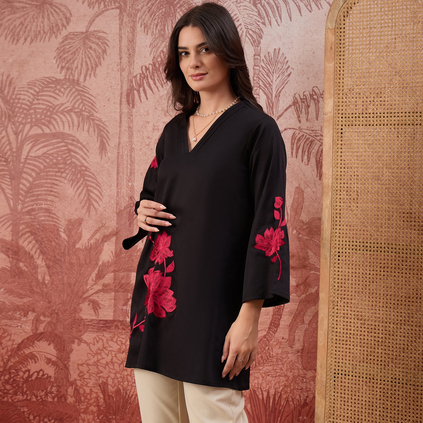 Black and Red Rose Pleated Neck Top