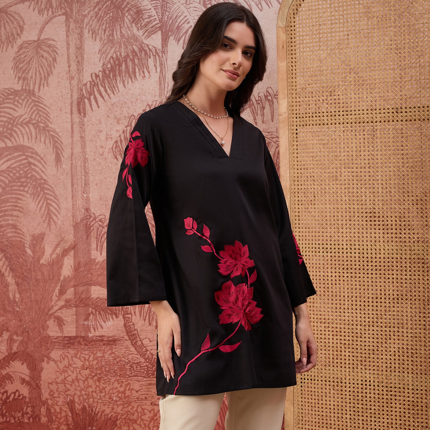 Black and Red Rose Pleated Neck Top