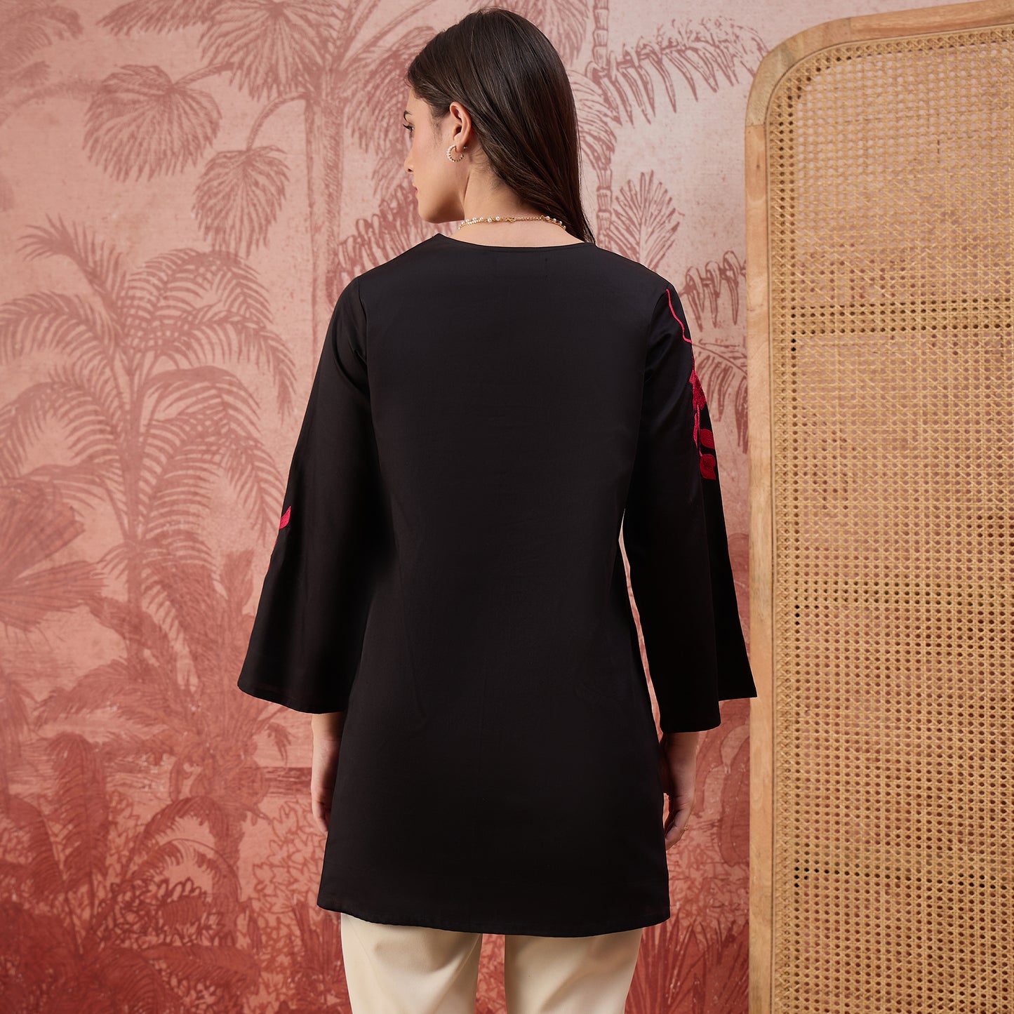 Black and Red Rose Pleated Neck Top