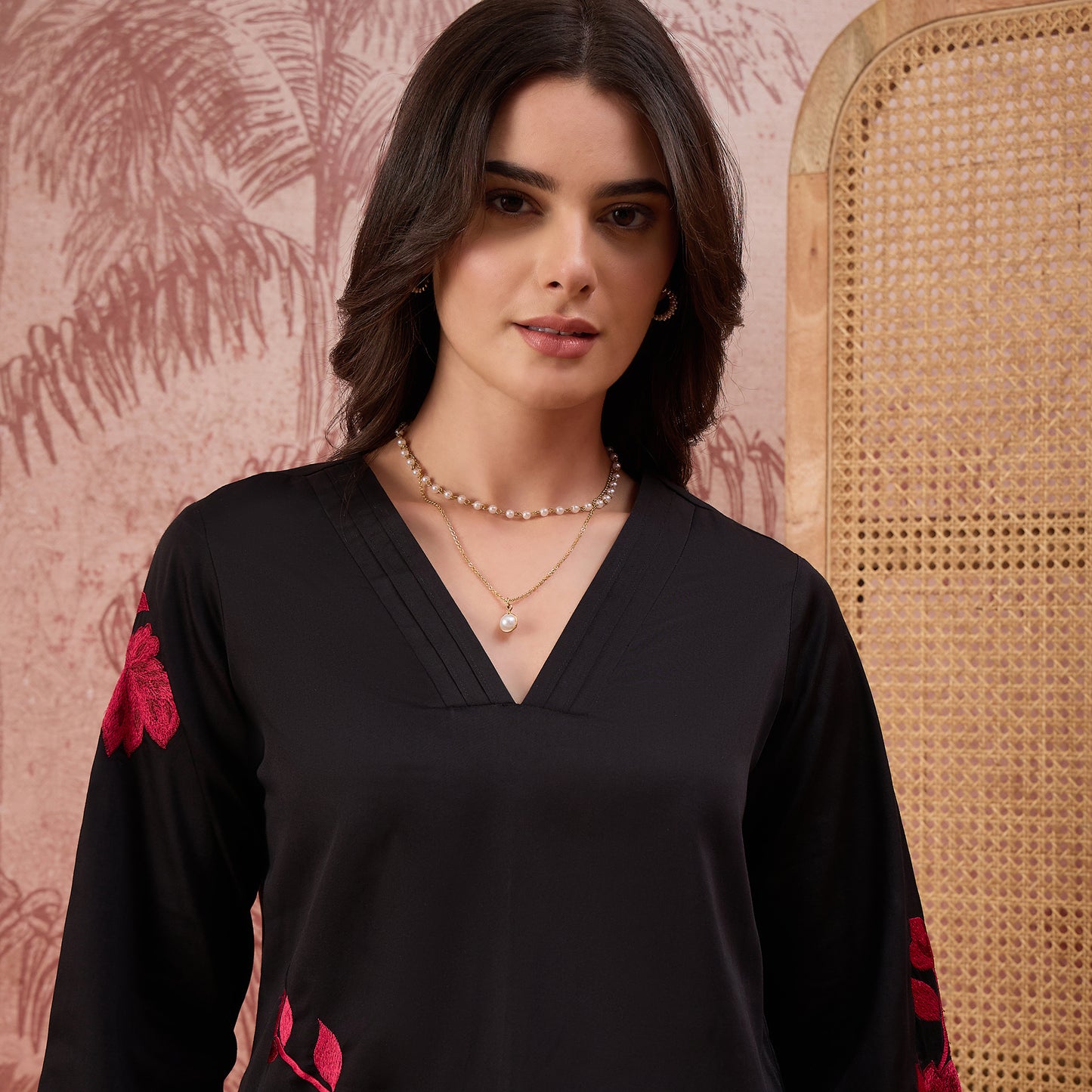 Black and Red Rose Pleated Neck Top
