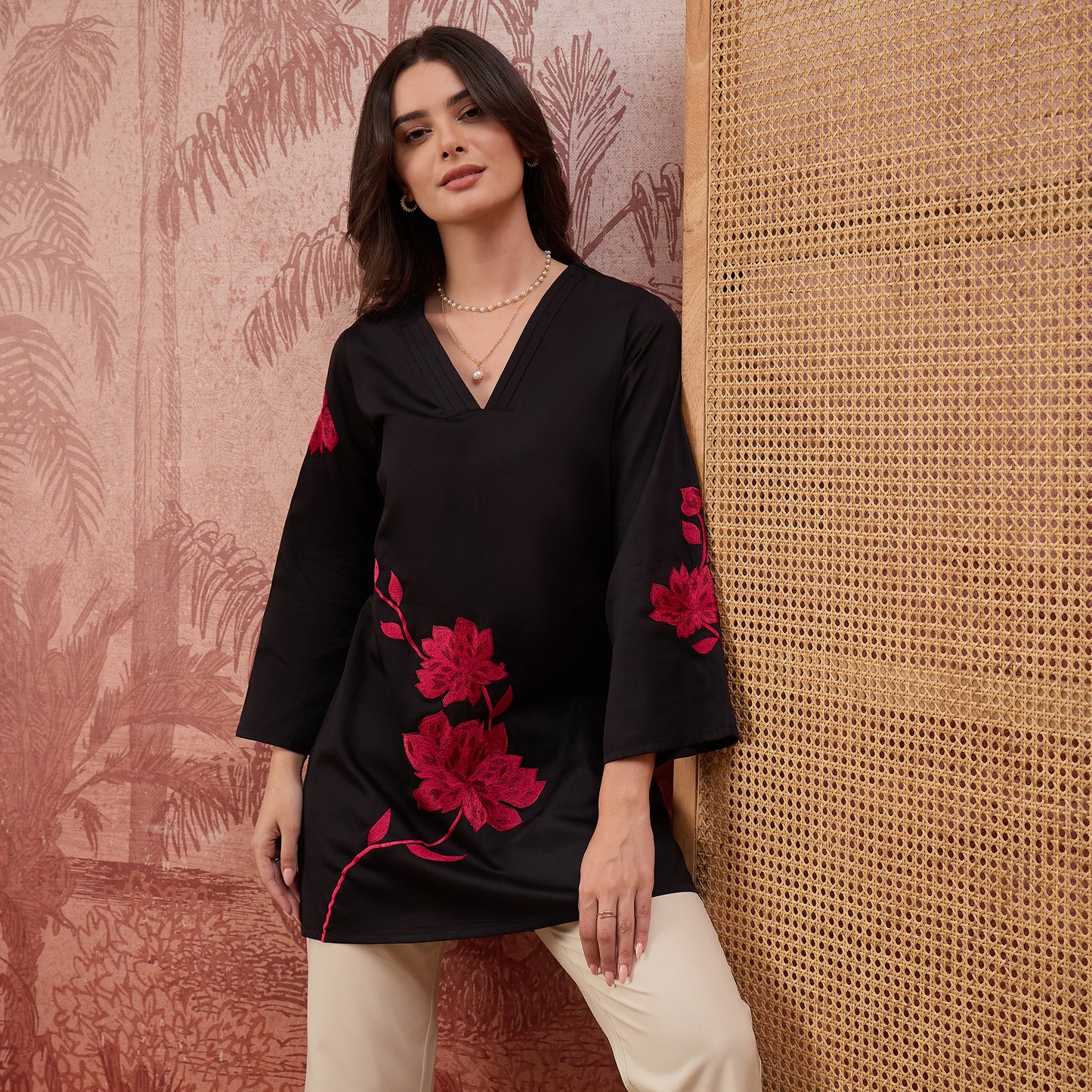 Black and Red Rose Pleated Neck Top