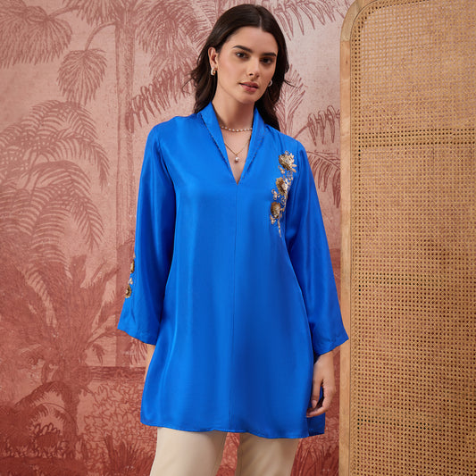 Cobalt Blue Hand Embroidered Brooch Style Silk Top