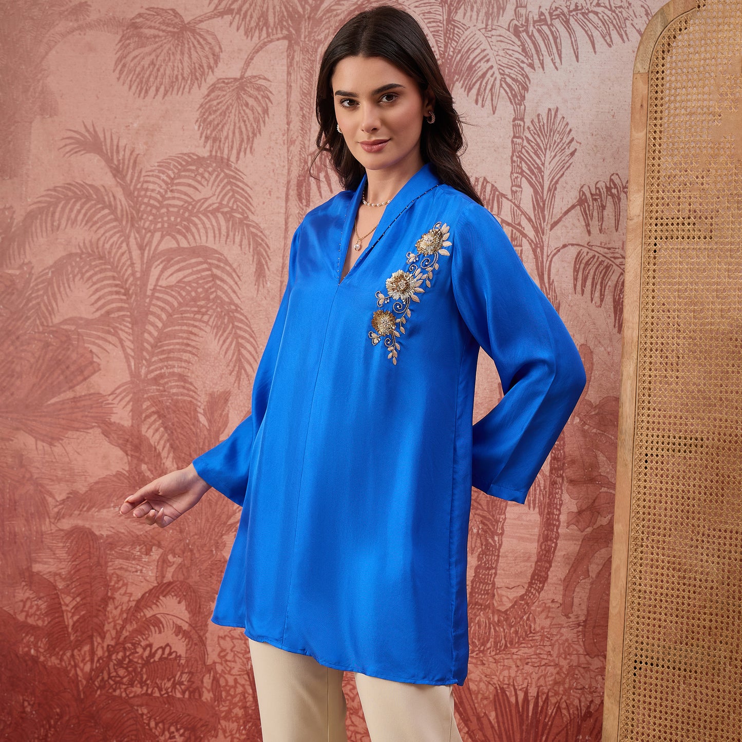 Cobalt Blue Hand Embroidered Brooch Style Silk Top