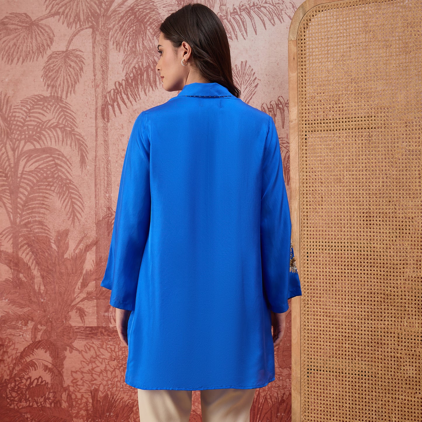 Cobalt Blue Hand Embroidered Brooch Style Silk Top
