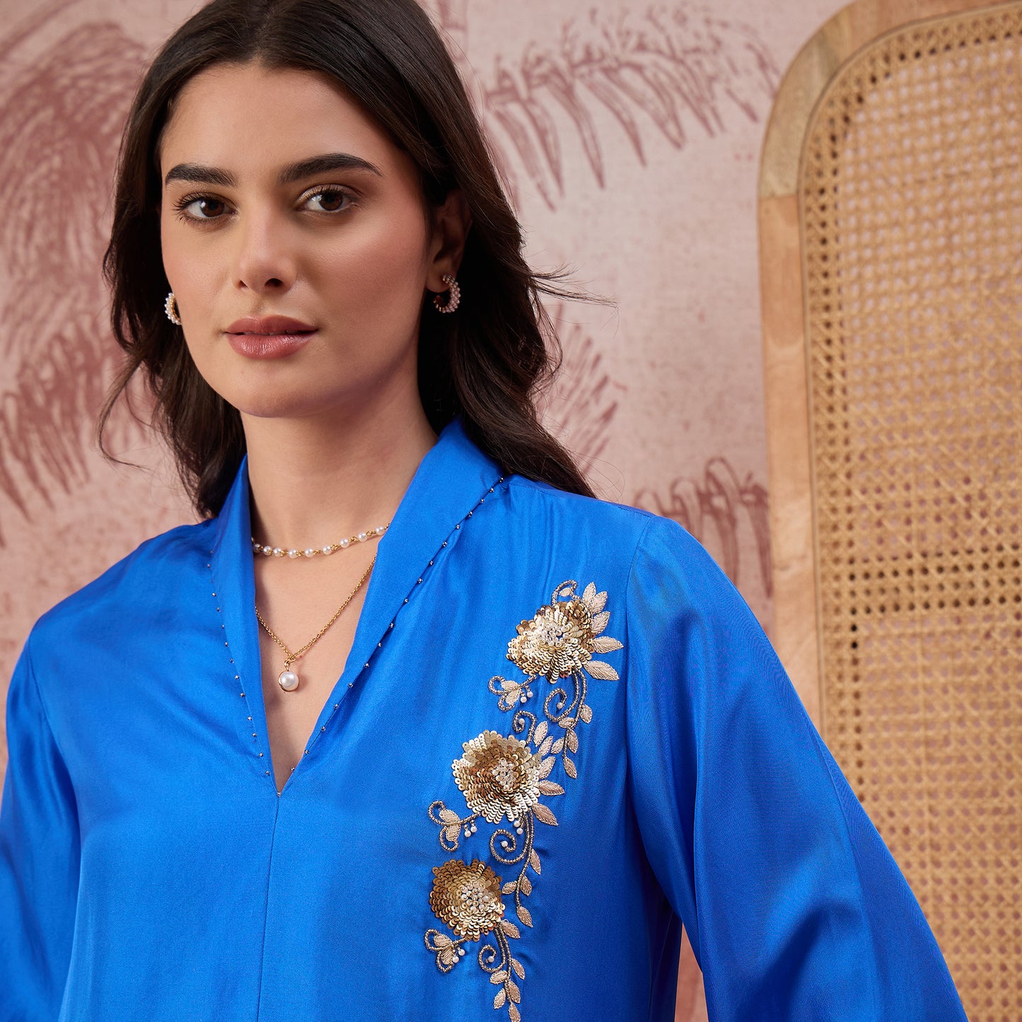 Cobalt Blue Hand Embroidered Brooch Style Silk Top