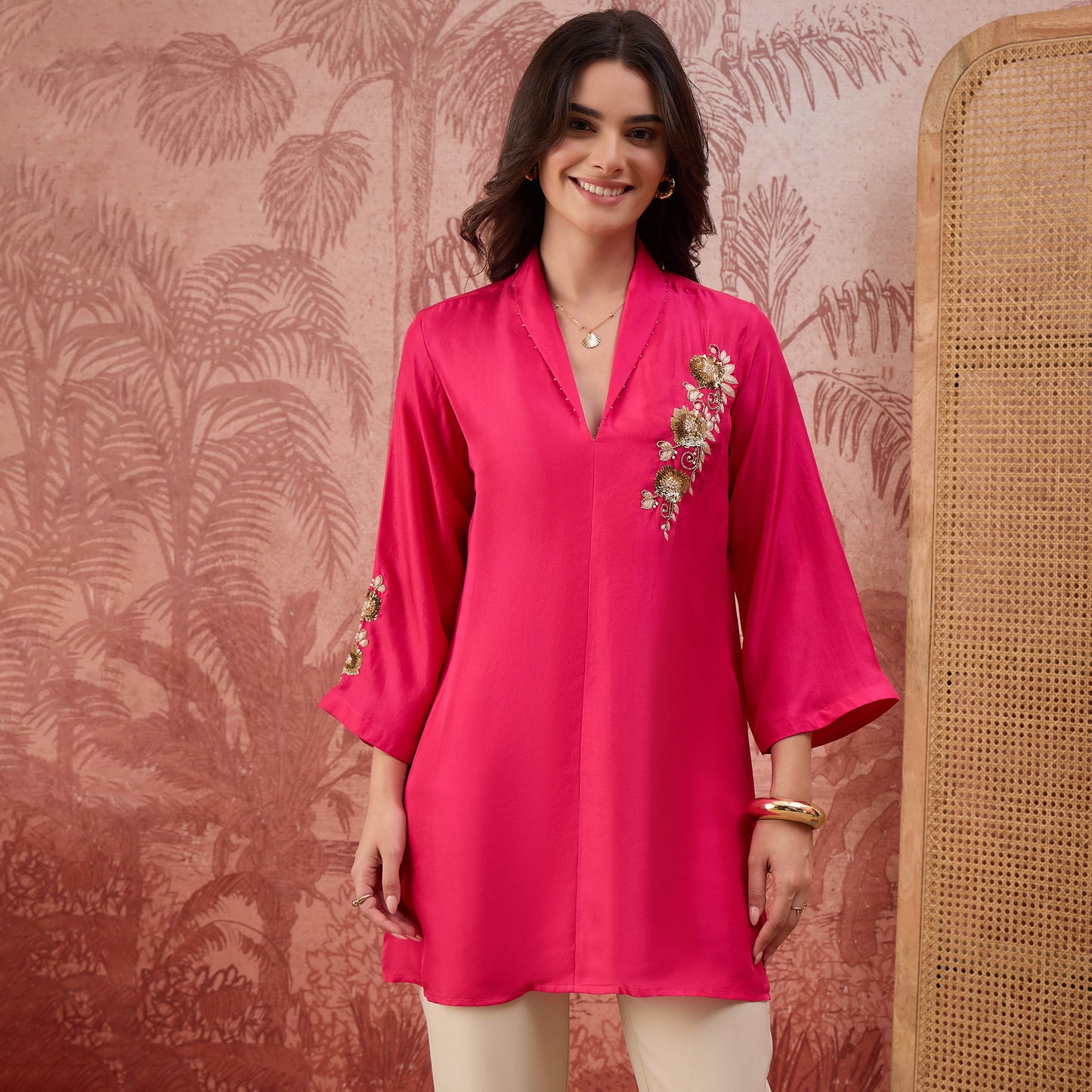 Hot Pink Hand Embroidered Brooch Style Silk Top