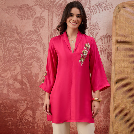 Hot Pink Hand Embroidered Brooch Style Silk Top
