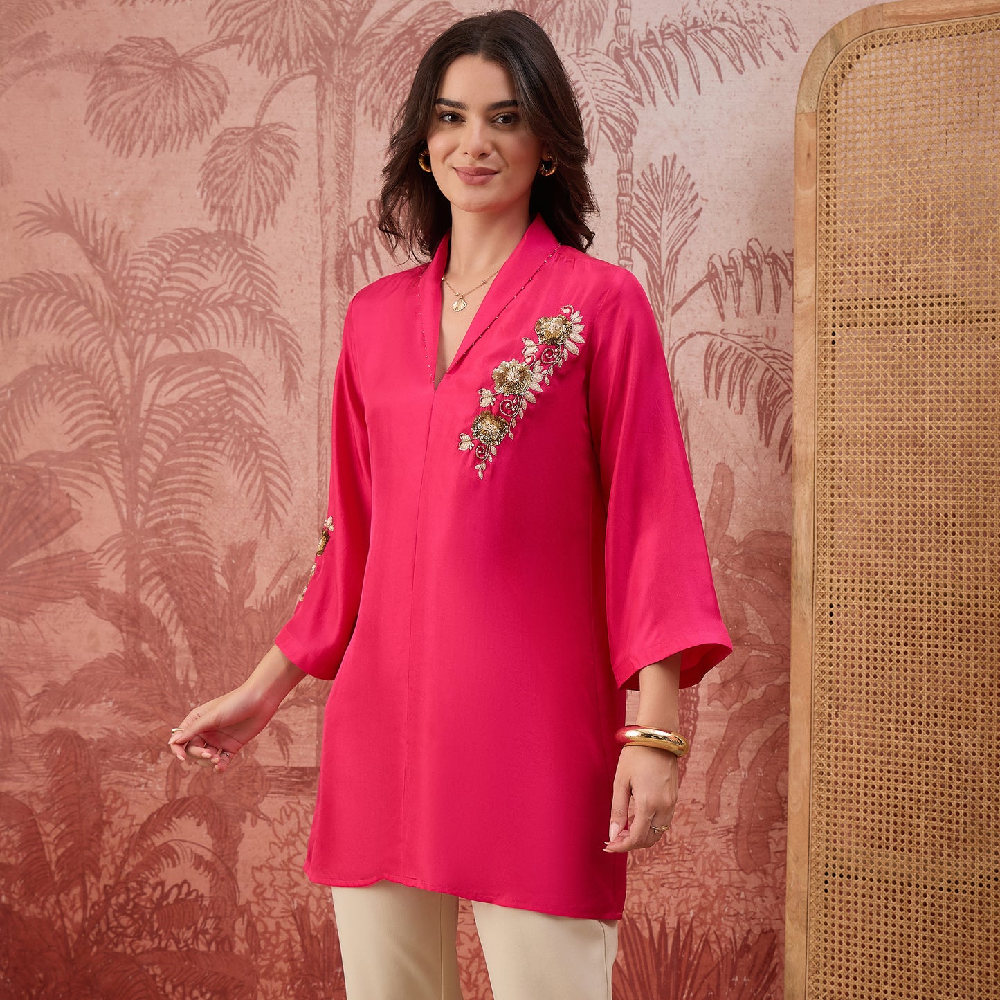 Hot Pink Hand Embroidered Brooch Style Silk Top