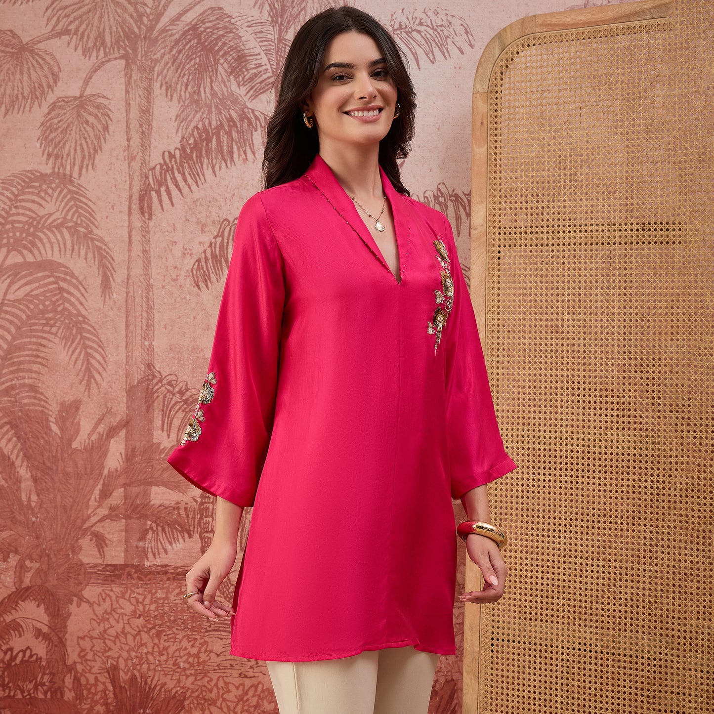 Hot Pink Hand Embroidered Brooch Style Silk Top