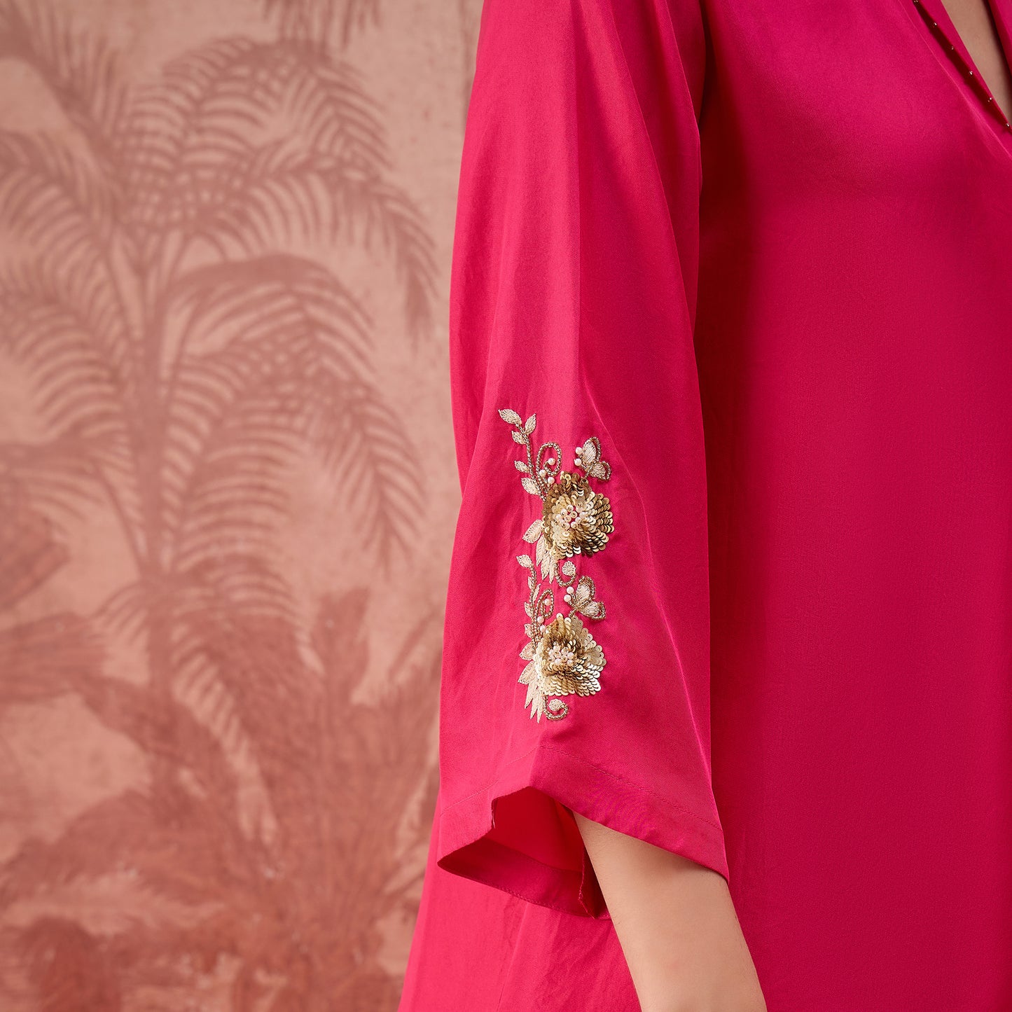 Hot Pink Hand Embroidered Brooch Style Silk Top