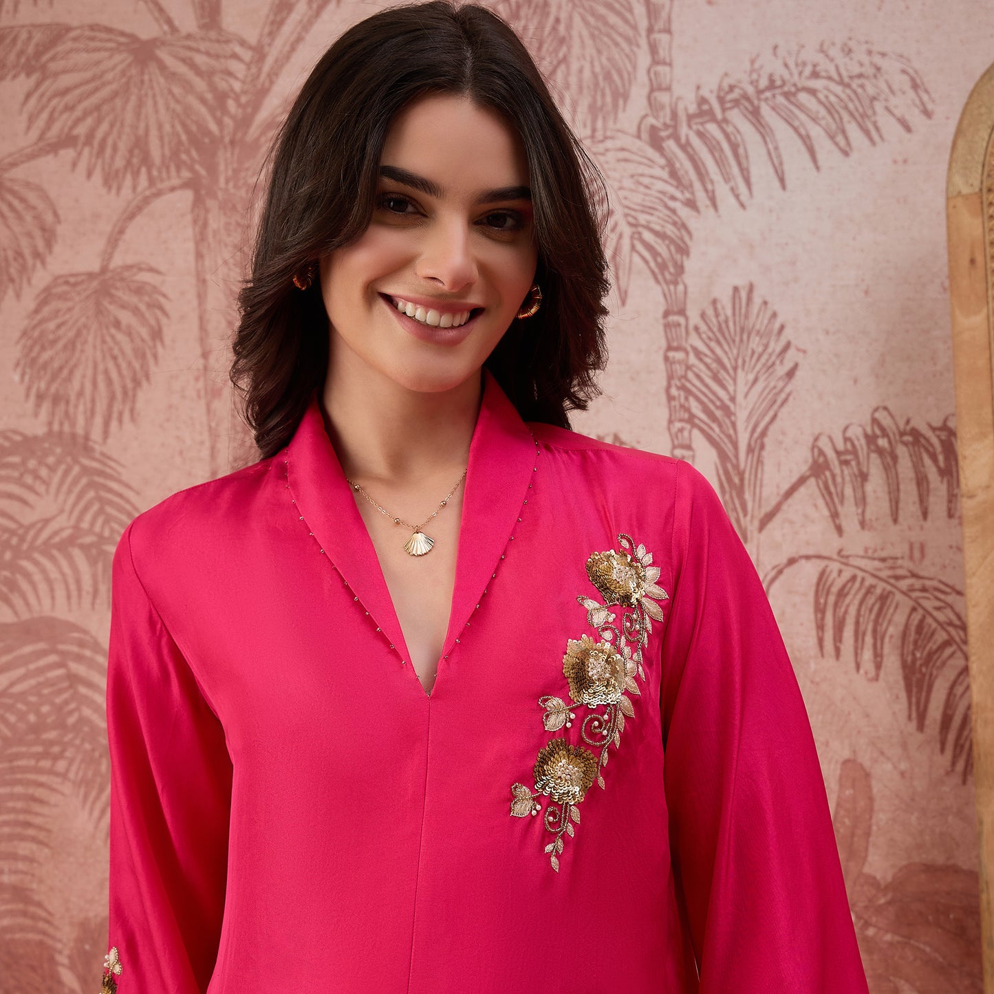 Hot Pink Hand Embroidered Brooch Style Silk Top