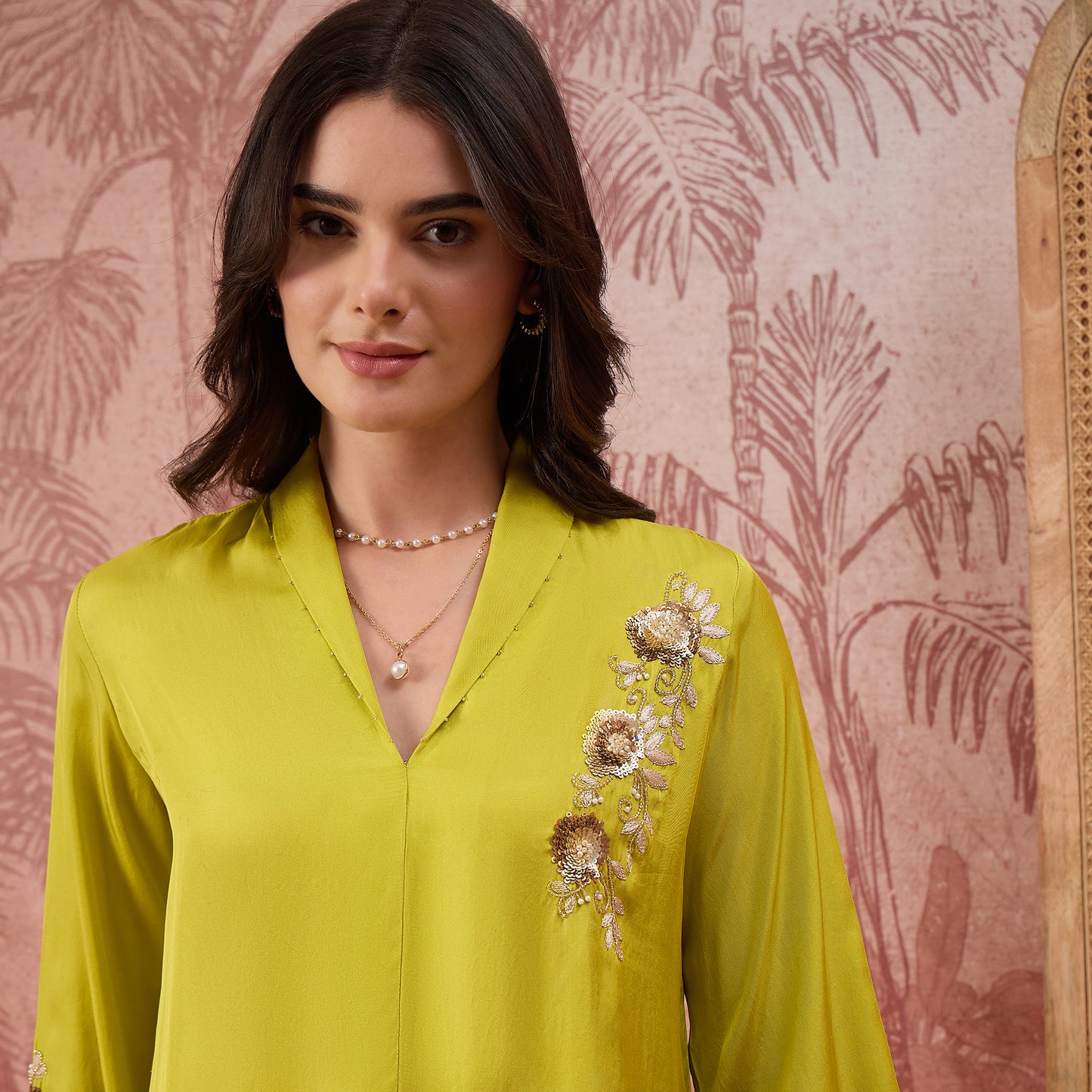 Leaf Green Hand Embroidered Brooch Style Silk Top