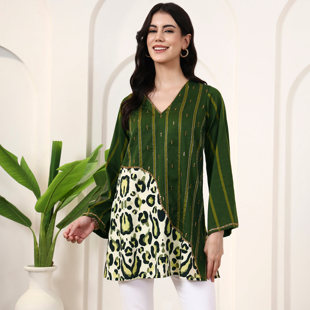 Green Animal Print Top for Women – Cotton Satin | First Resort by Ramola Bachchan
