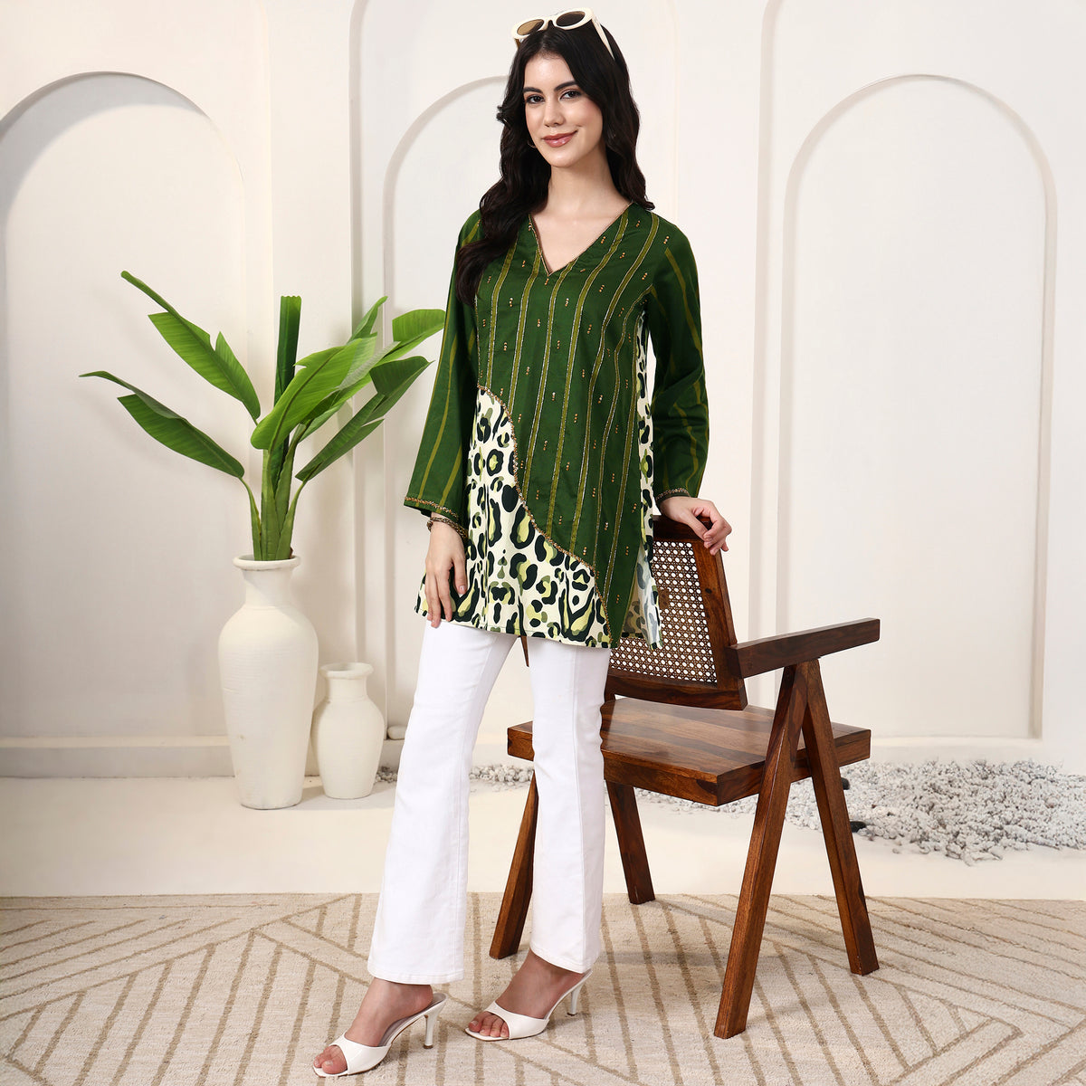 Green Animal Print Top for Women – Cotton Satin – Front View | First Resort by Ramola Bachchan